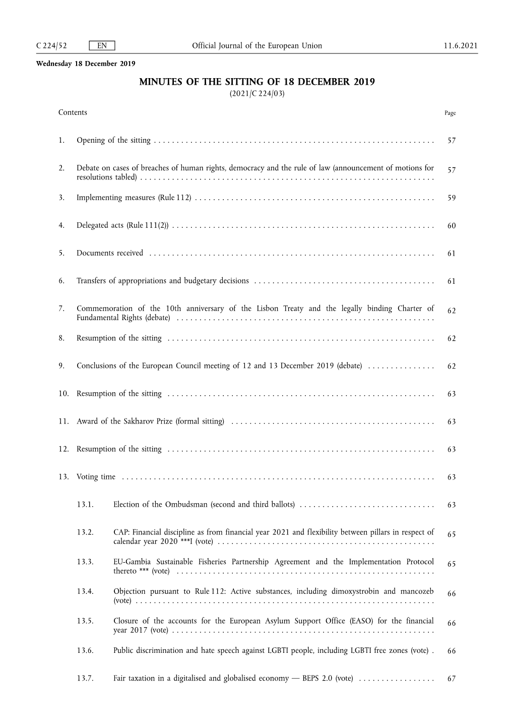 Minutes of the Sitting of 18 December 2019 (2021/C 224/03)