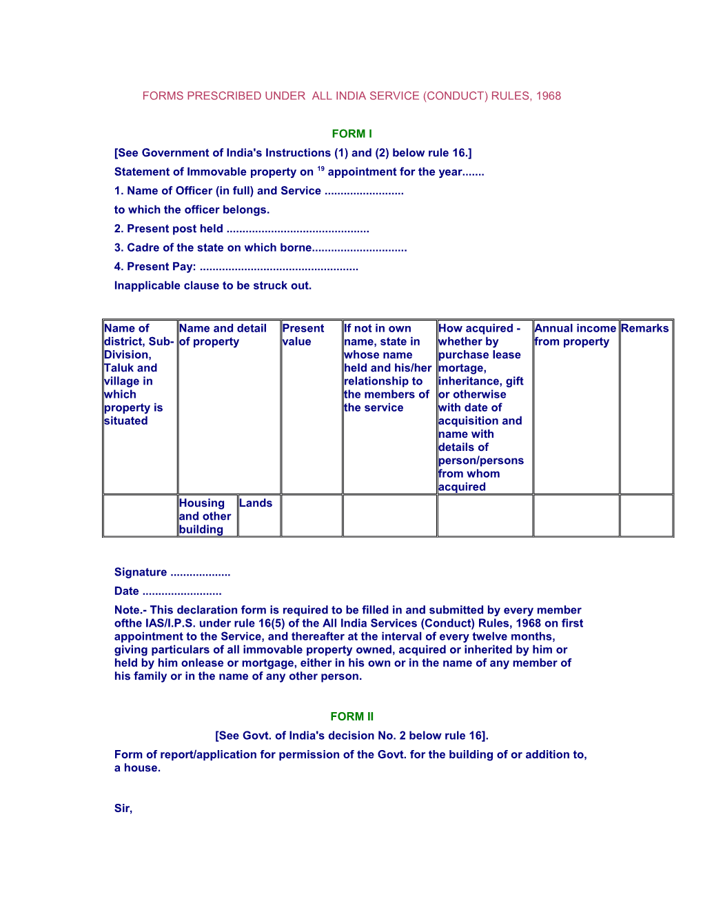 Forms Prescribed Under All India Service (Conduct) Rules, 1968