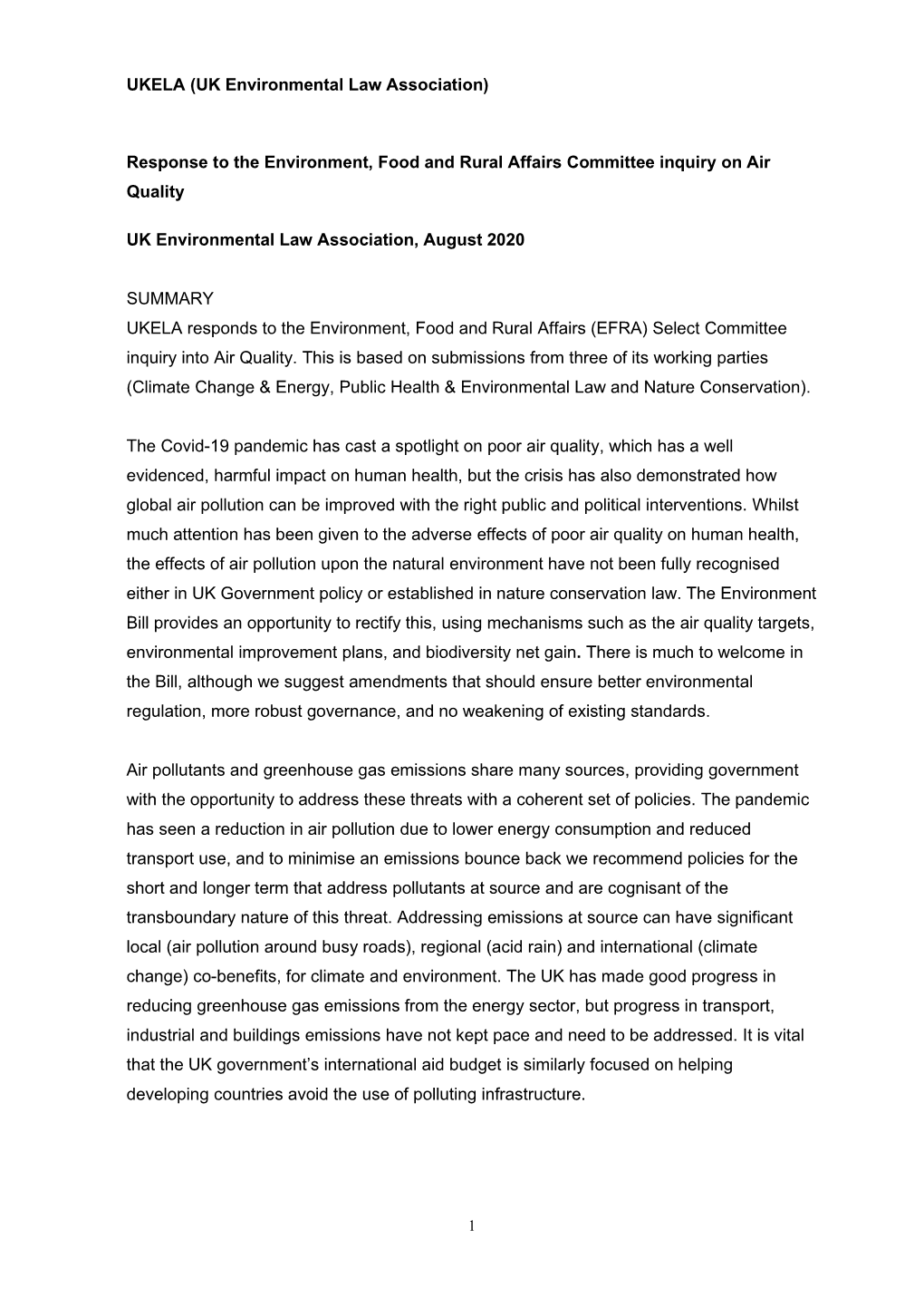 UKELA (UK Environmental Law Association) Response to the Environment, Food and Rural Affairs Committee Inquiry on Air Quality UK