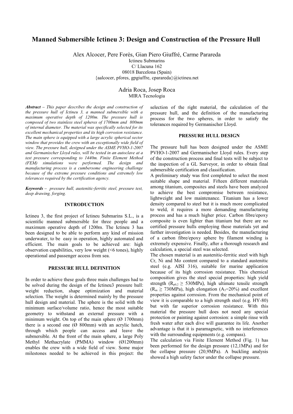 Manned Submersible Ictineu 3: Design and Construction of the Pressure Hull