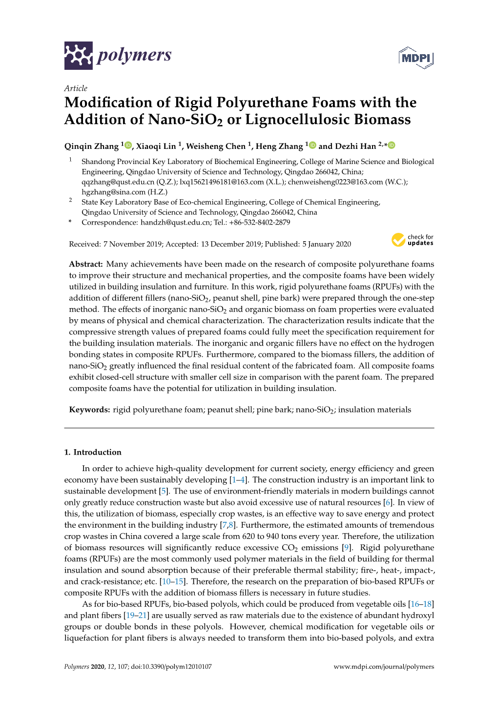 Modification of Rigid Polyurethane Foams with the Addition of Nano-Sio2 Or Lignocellulosic Biomass