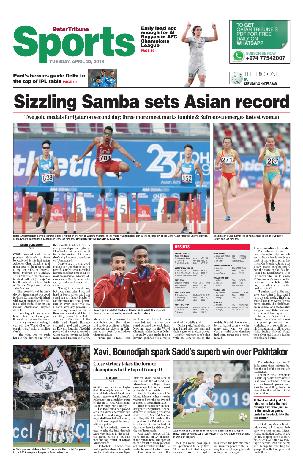 Sizzling Samba Sets Asian Record Two Gold Medals for Qatar on Second Day; Three More Meet Marks Tumble & Safronova Emerges Fastest Woman