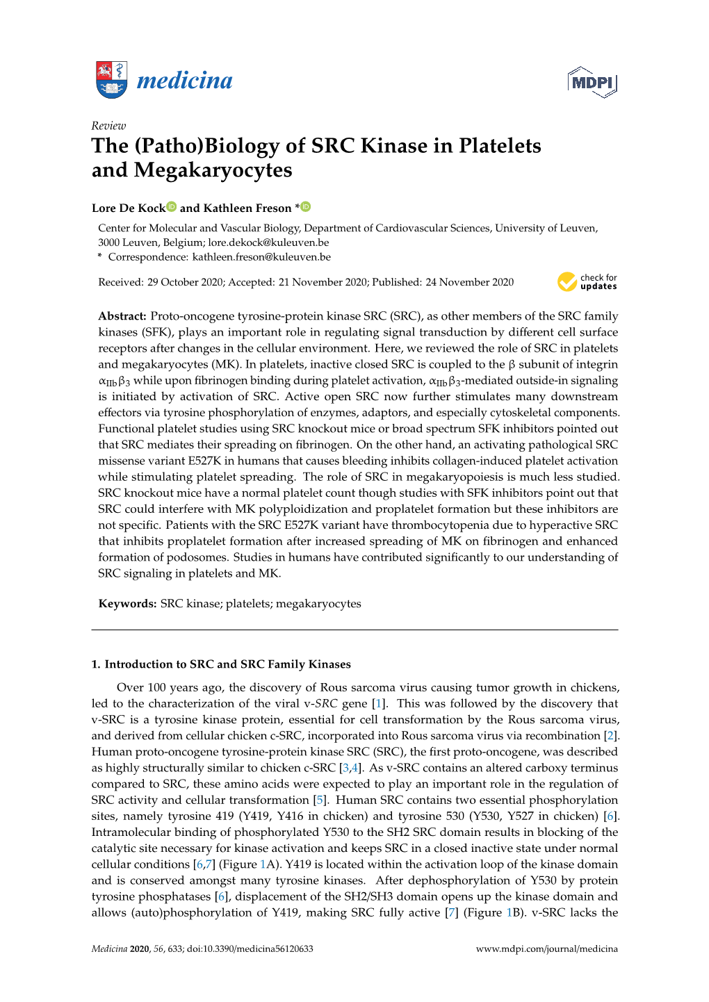 Biology of SRC Kinase in Platelets and Megakaryocytes