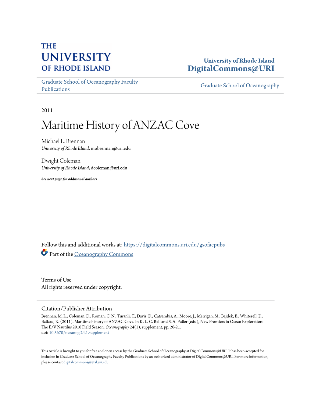 Maritime History of ANZAC Cove Michael L