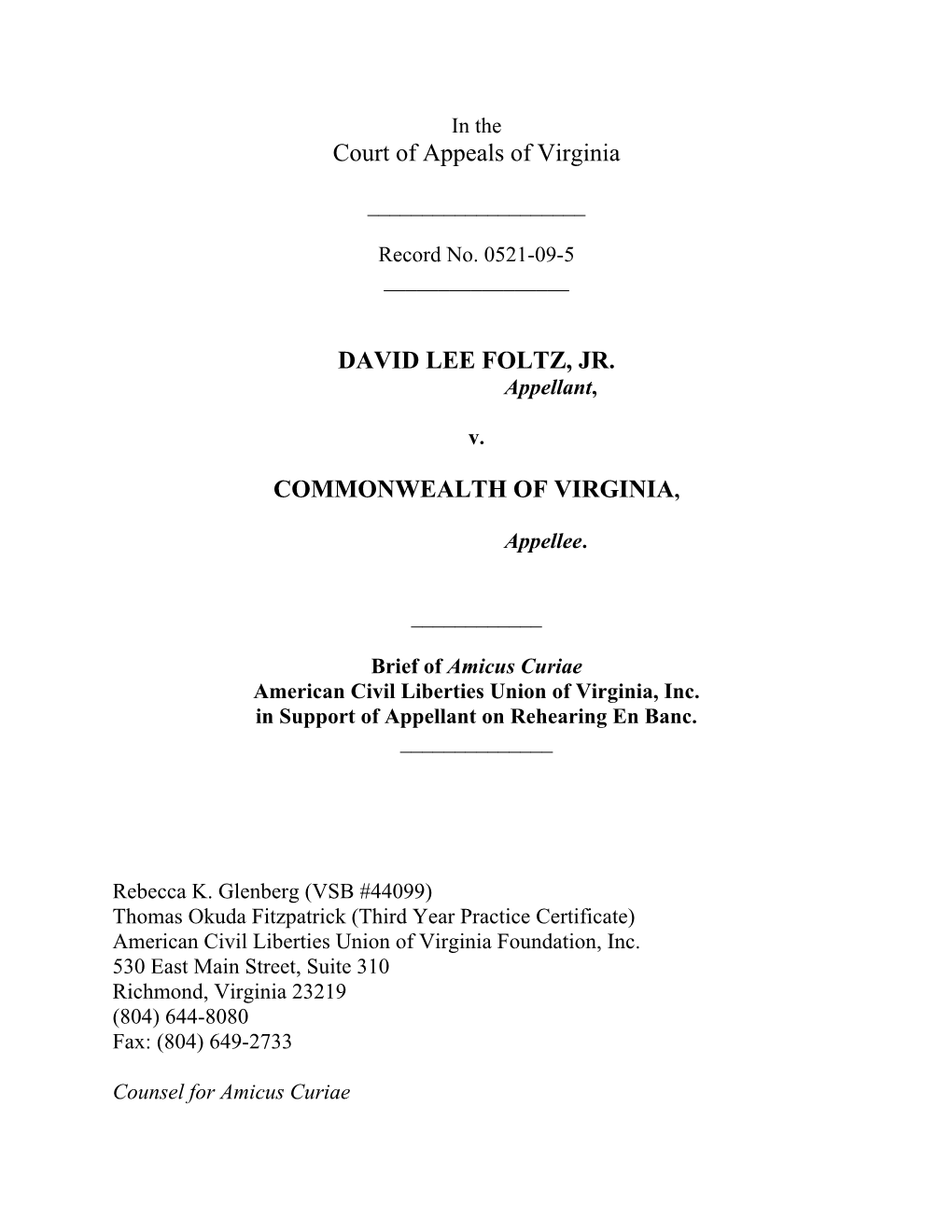 Court of Appeals of Virginia DAVID LEE FOLTZ, JR