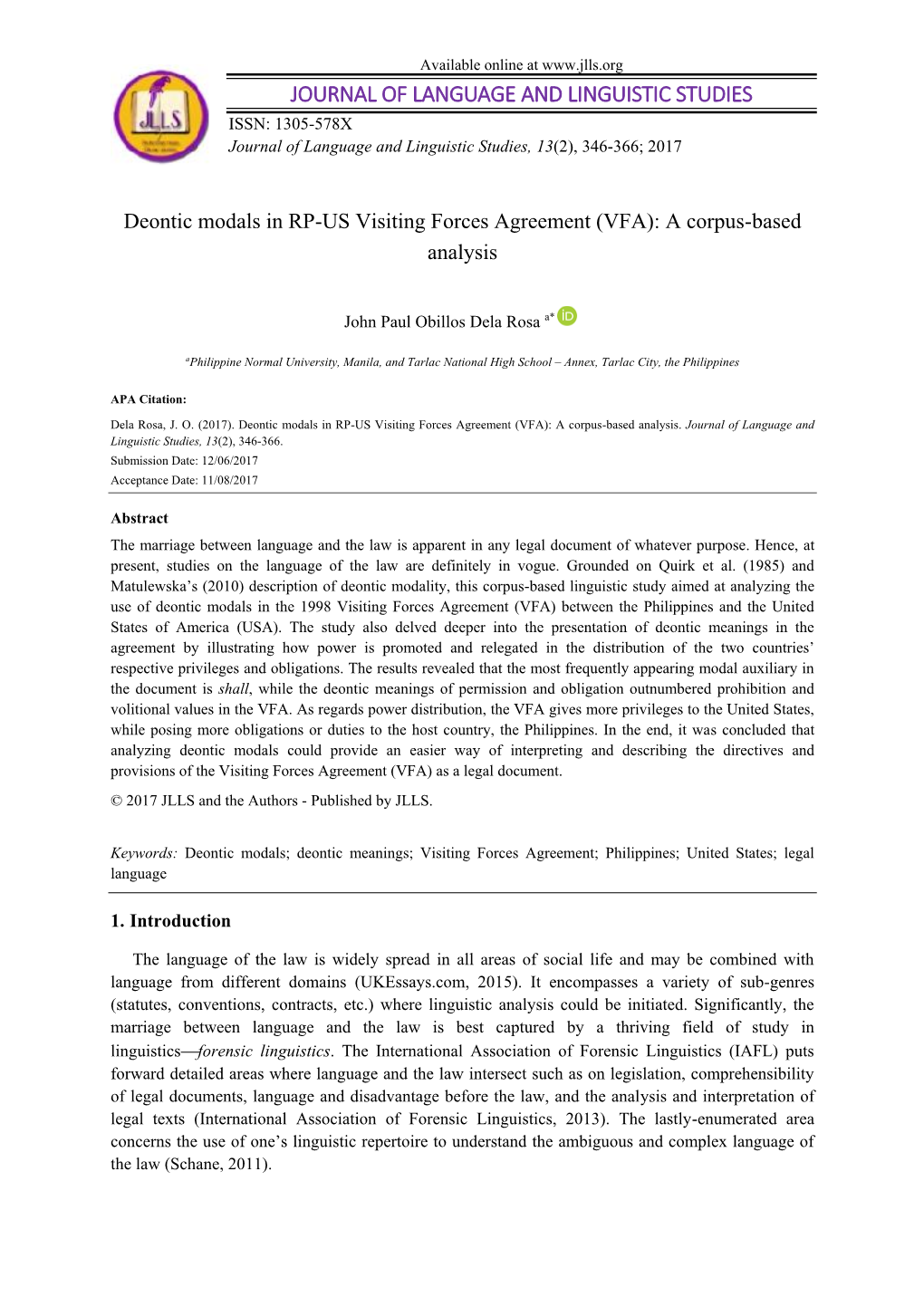 Deontic Modals in RP-US Visiting Forces Agreement (VFA): a Corpus-Based Analysis