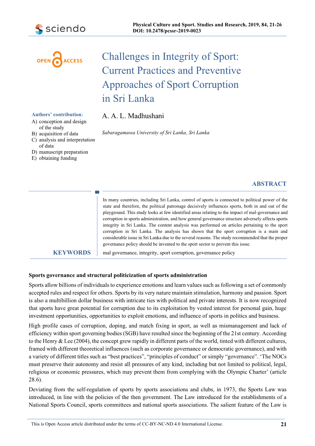Current Practices and Preventive Approaches of Sport Corruption in Sri Lanka