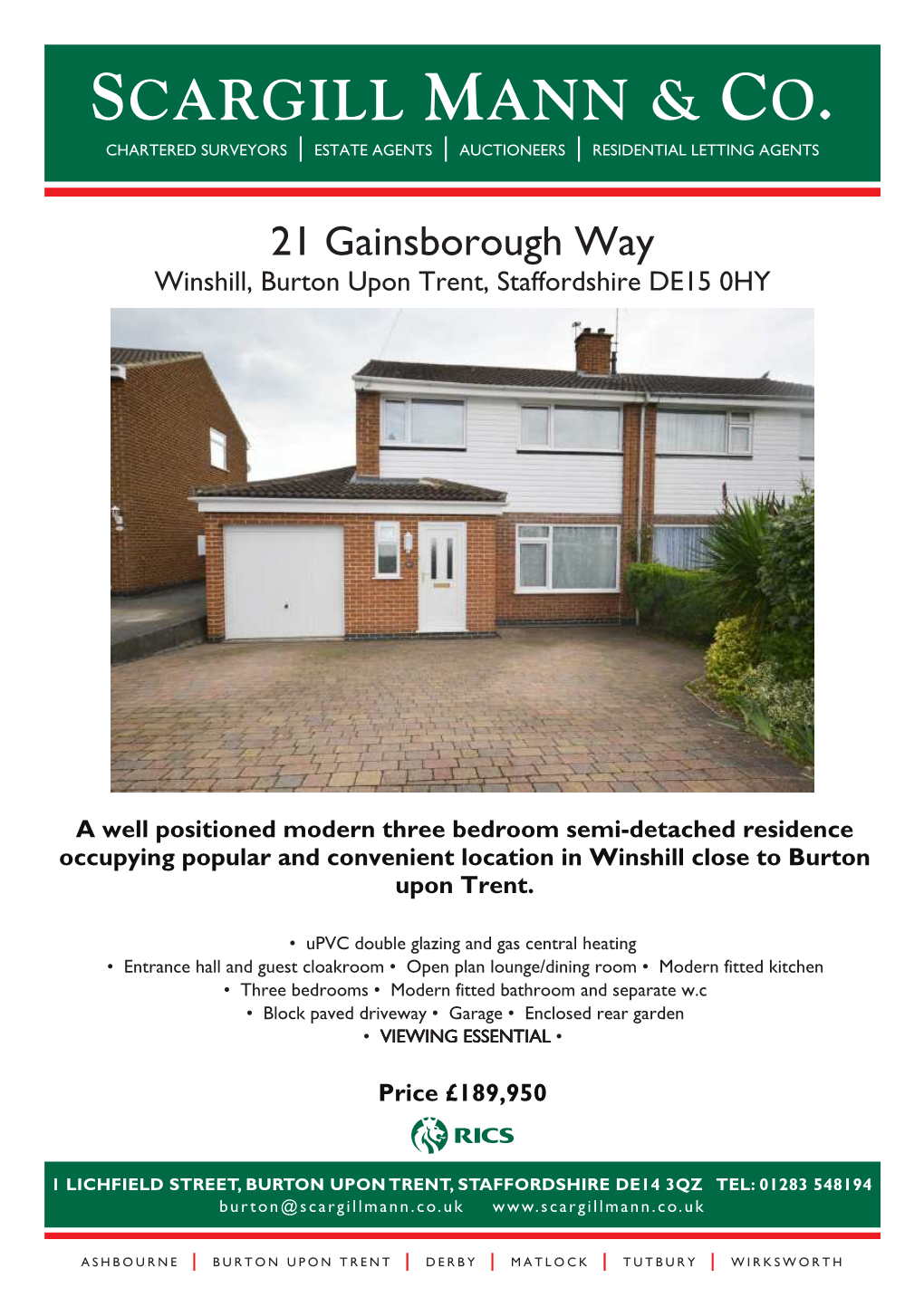 21 Gainsborough Way Winshill, Burton Upon Trent, Staffordshire DE15 0HY