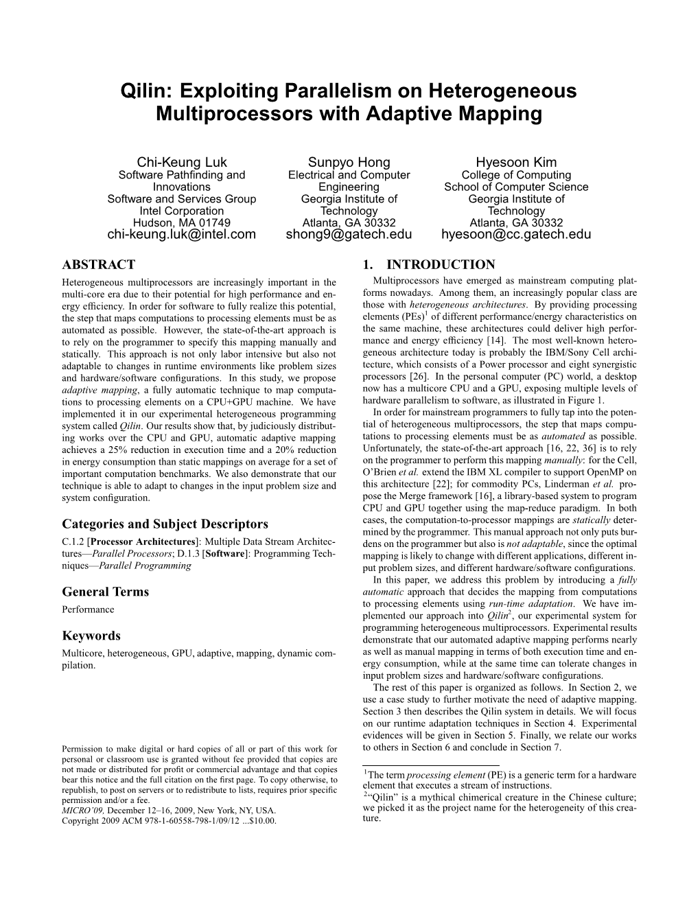 Qilin: Exploiting Parallelism on Heterogeneous Multiprocessors with Adaptive Mapping