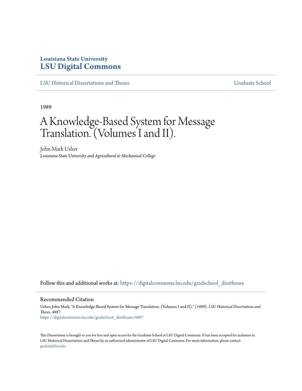 A Knowledge-Based System for Message Translation. (Volumes I and II)