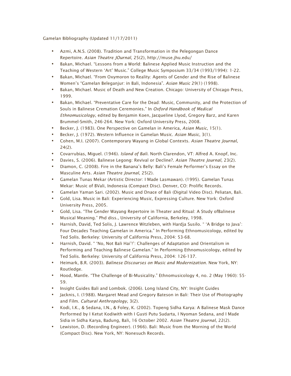 Gamelan Bibliography (Updated 11/17/2011)