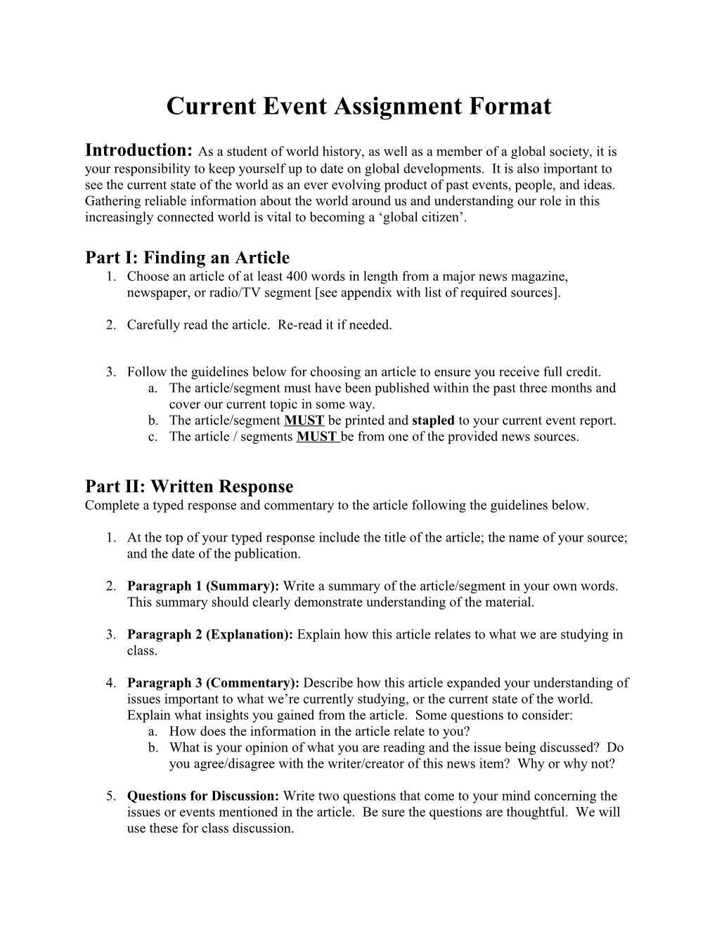 Current Event Assignment Format