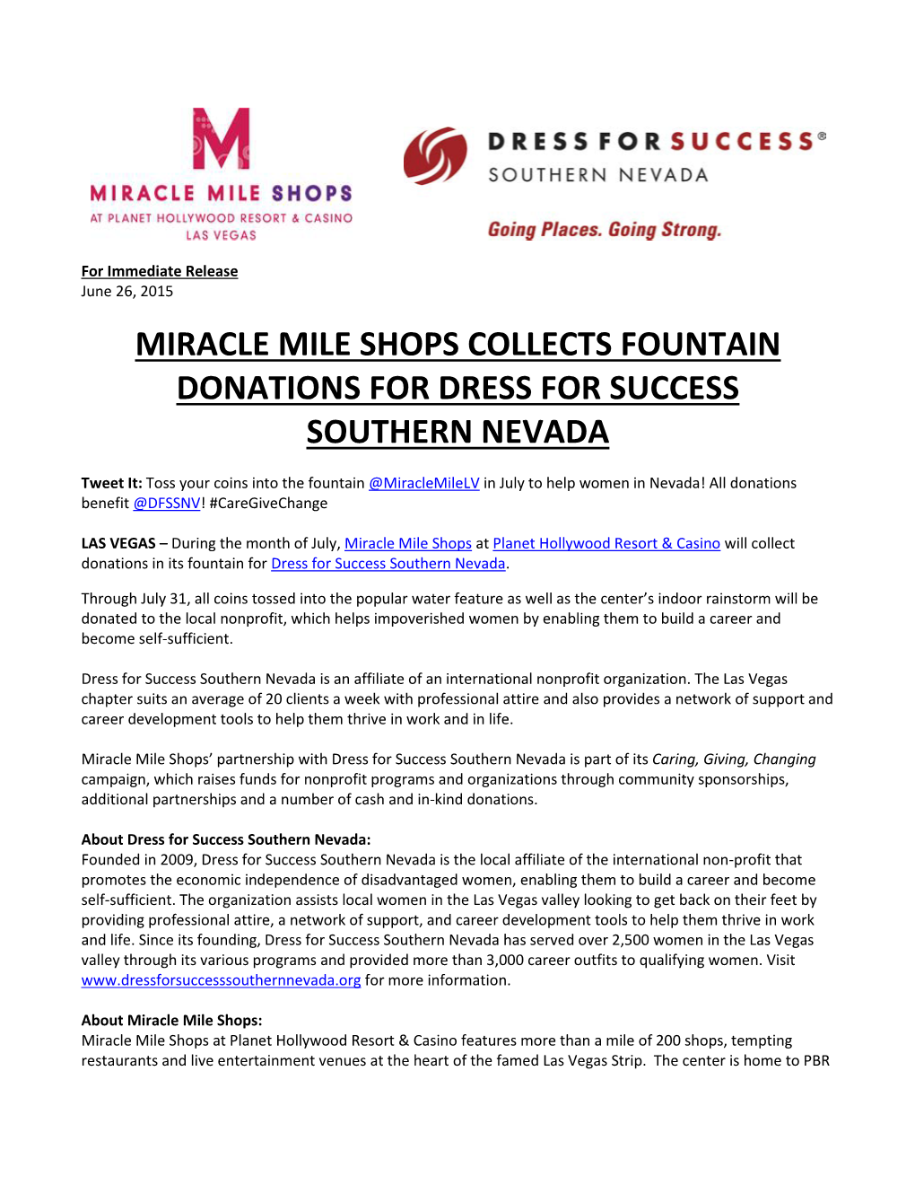 Miracle Mile Shops Collects Fountain Donations for Dress for Success Southern Nevada
