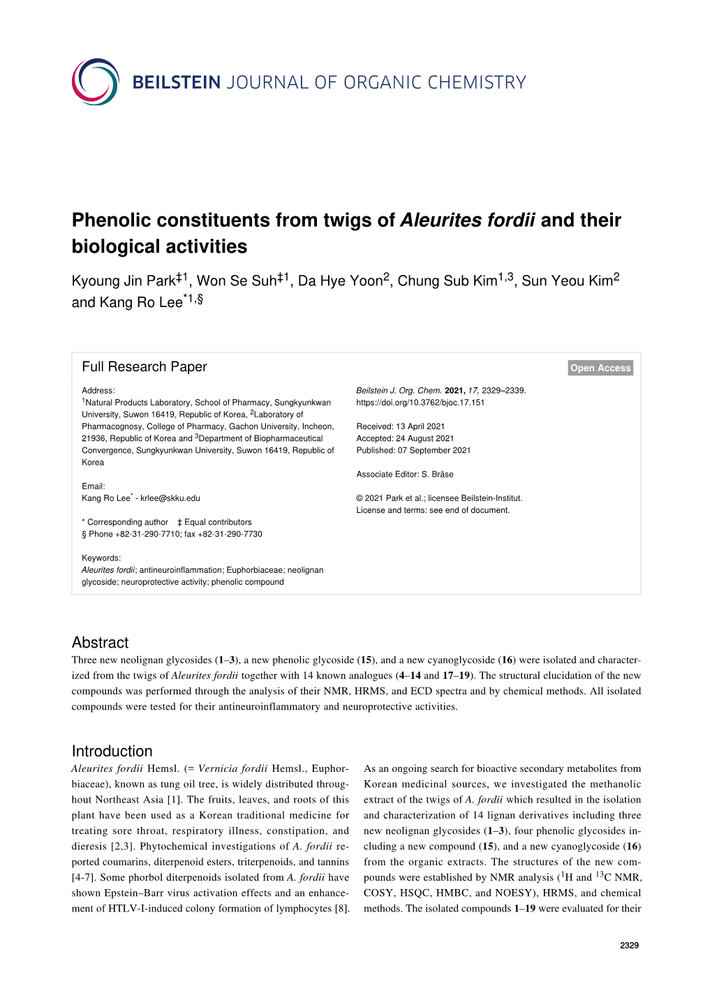 Phenolic Constituents from Twigs of Aleurites Fordii and Their Biological Activities