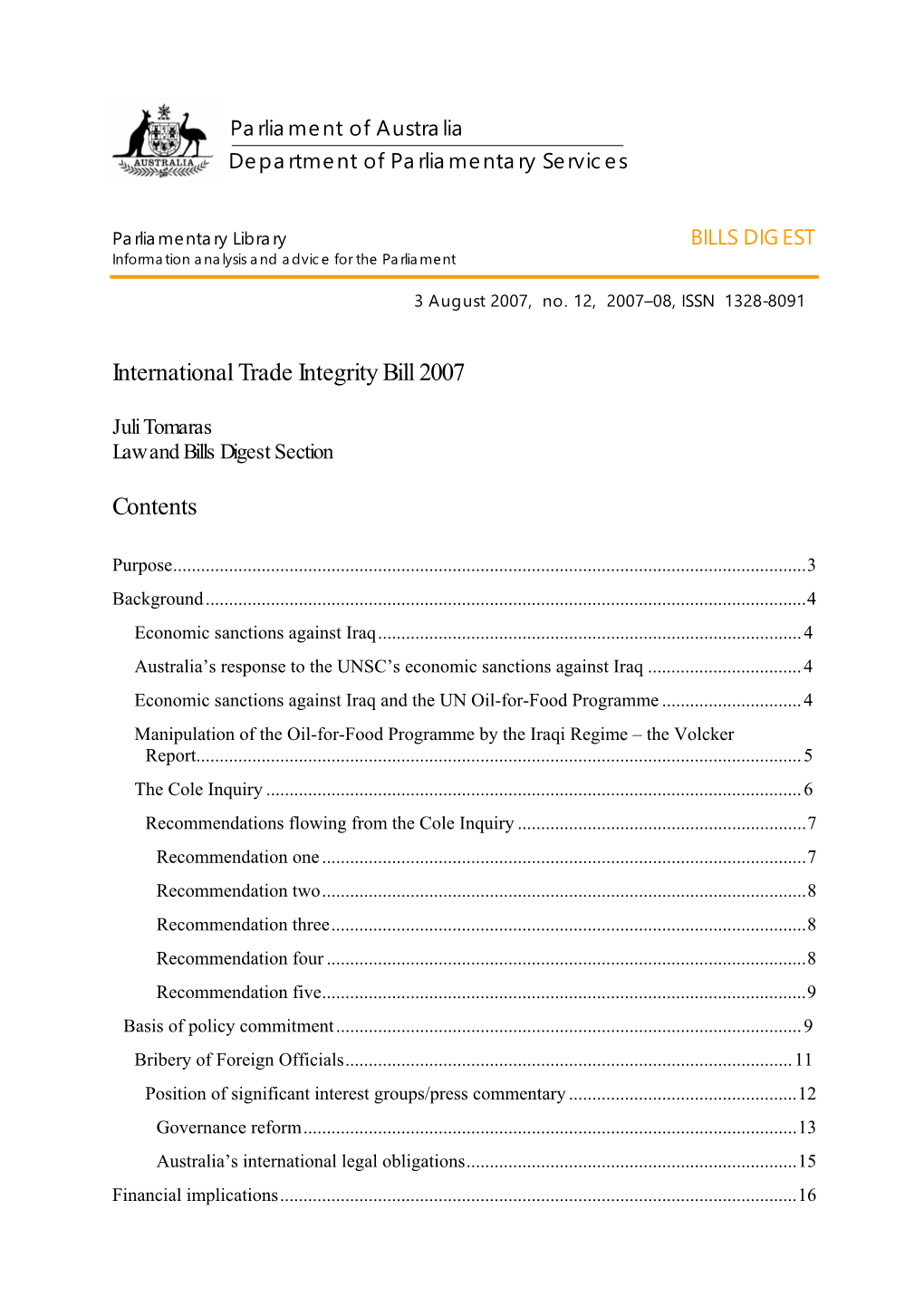 International Trade Integrity Bill 2007