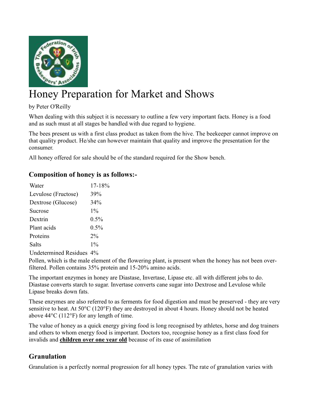 Honey Preparation for Market and Shows by Peter O'reilly When Dealing with This Subject It Is Necessary to Outline a Few Very Important Facts