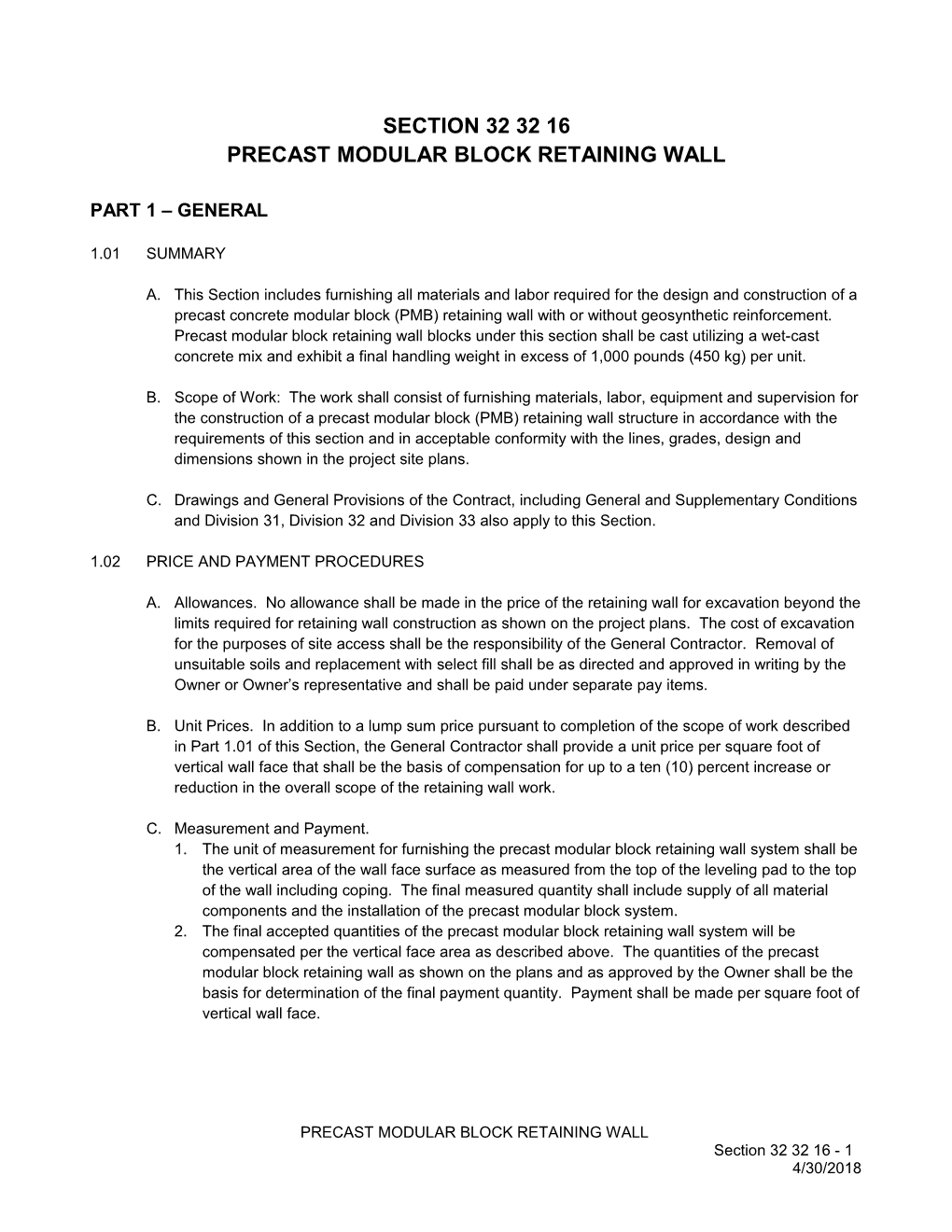 Precast Modular Block Retaining Wall Specification