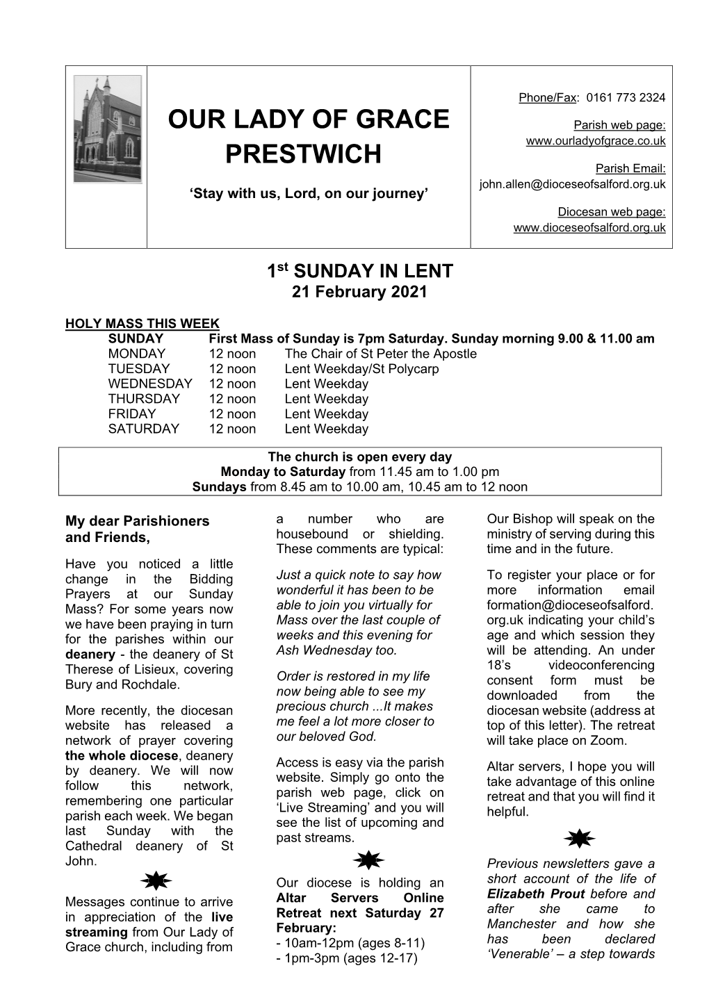 Newsletter for 1St Sunday in Lent 21 February 2021