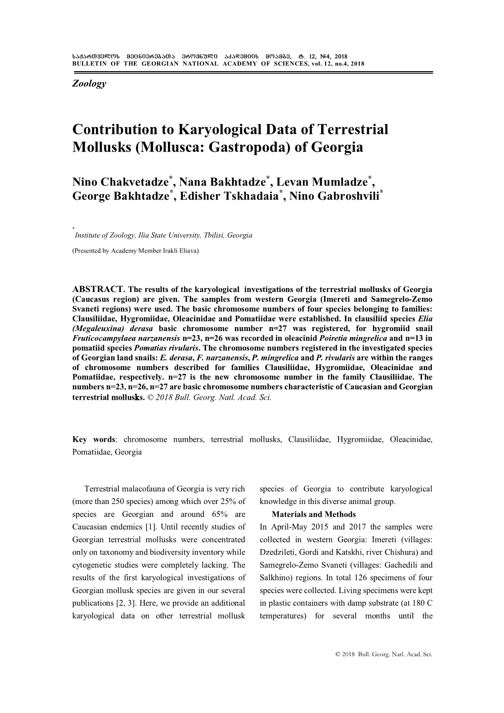 Contribution to Karyological Data of Terrestrial Mollusks (Mollusca: Gastropoda) of Georgia