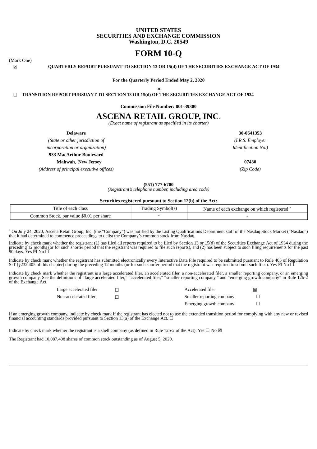 Form 10-Q Ascena Retail Group, Inc