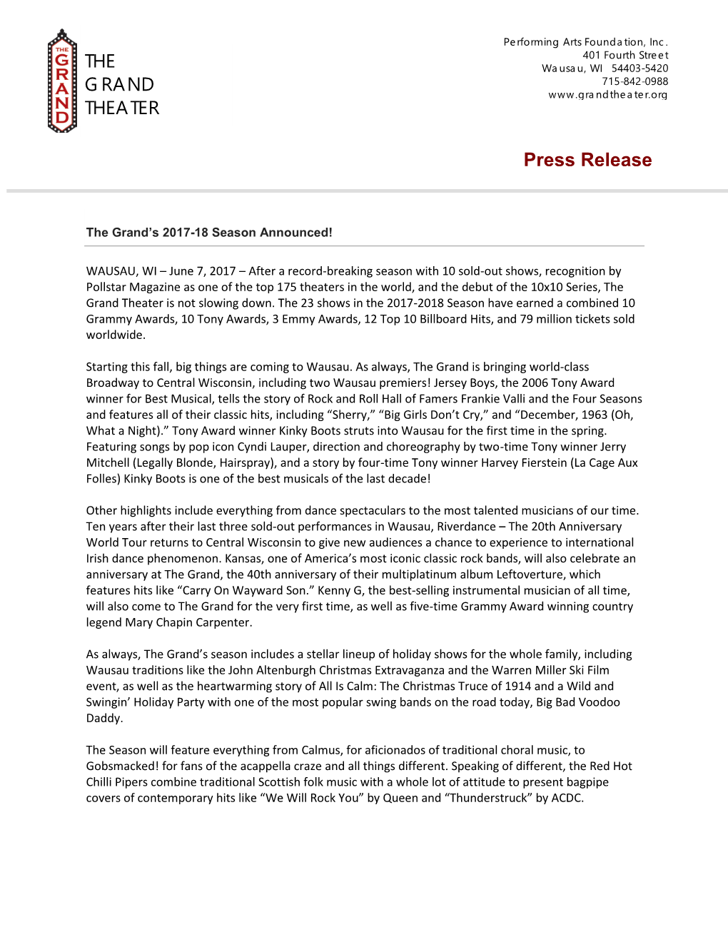 Press Release the GRAND THEATER