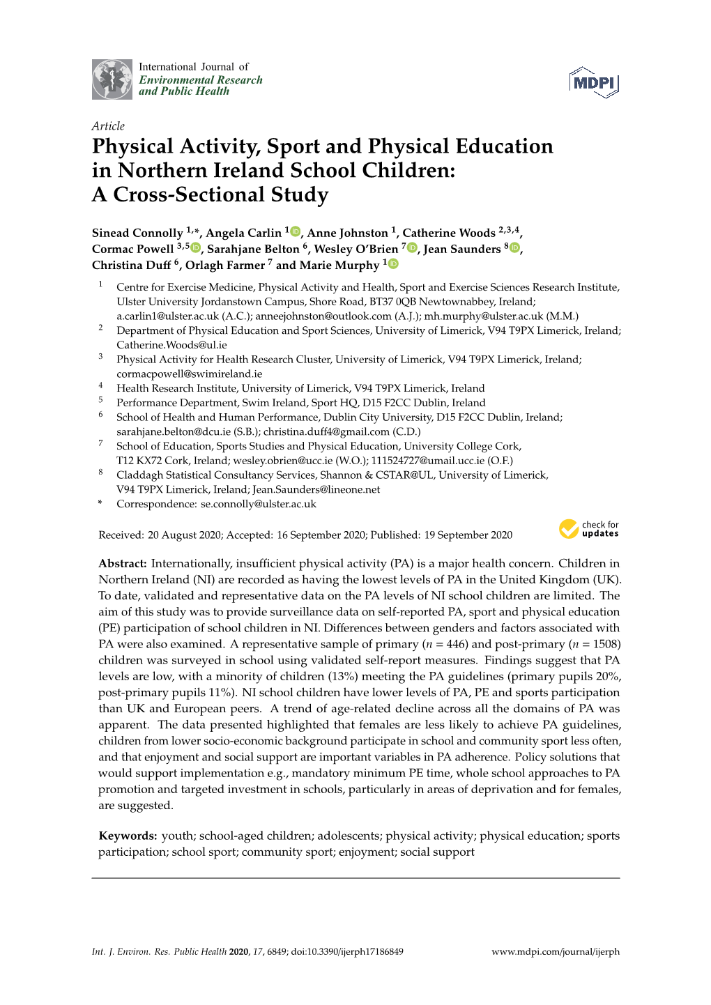 Physical Activity, Sport and Physical Education in Northern Ireland School Children: a Cross-Sectional Study