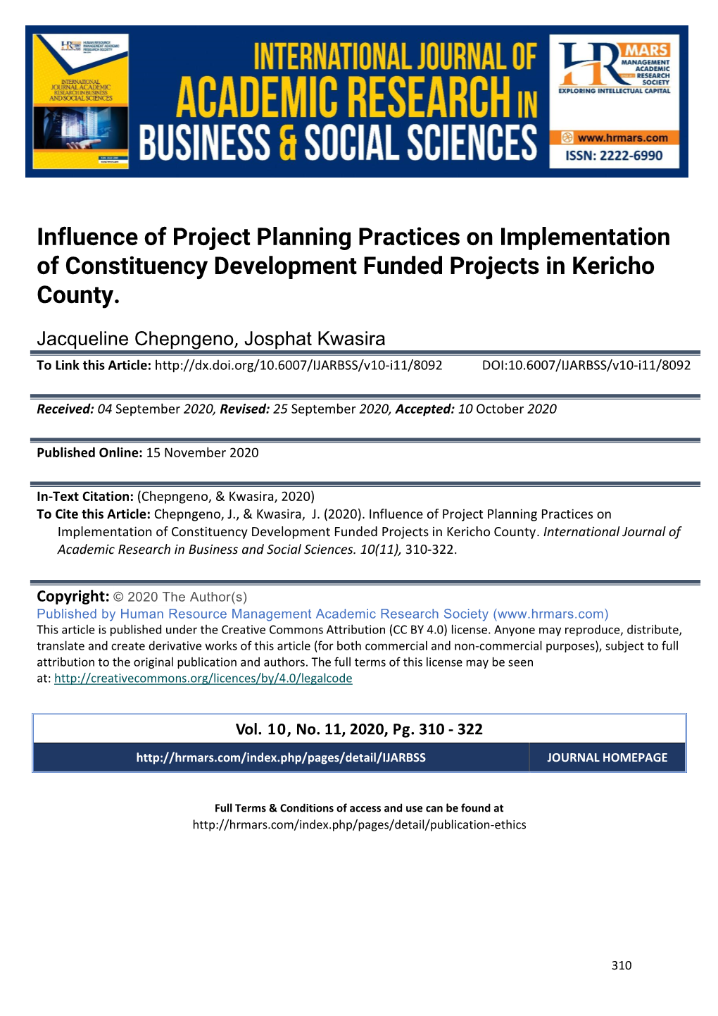 Influence of Project Planning Practices on Implementation of Constituency Development Funded Projects in Kericho County