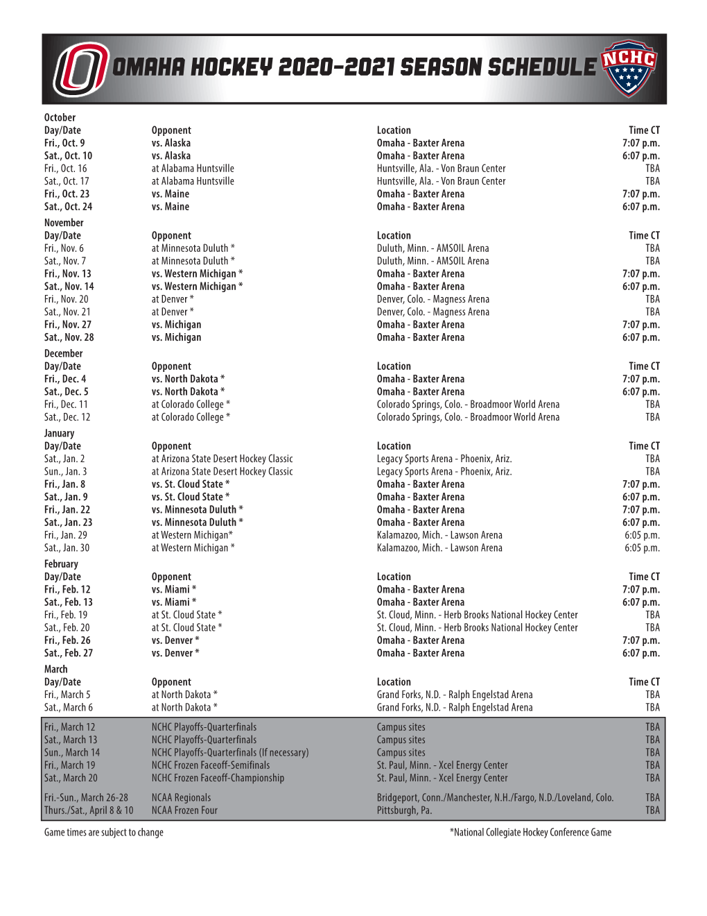 Omaha Hockey 2020-2021 Season Schedule