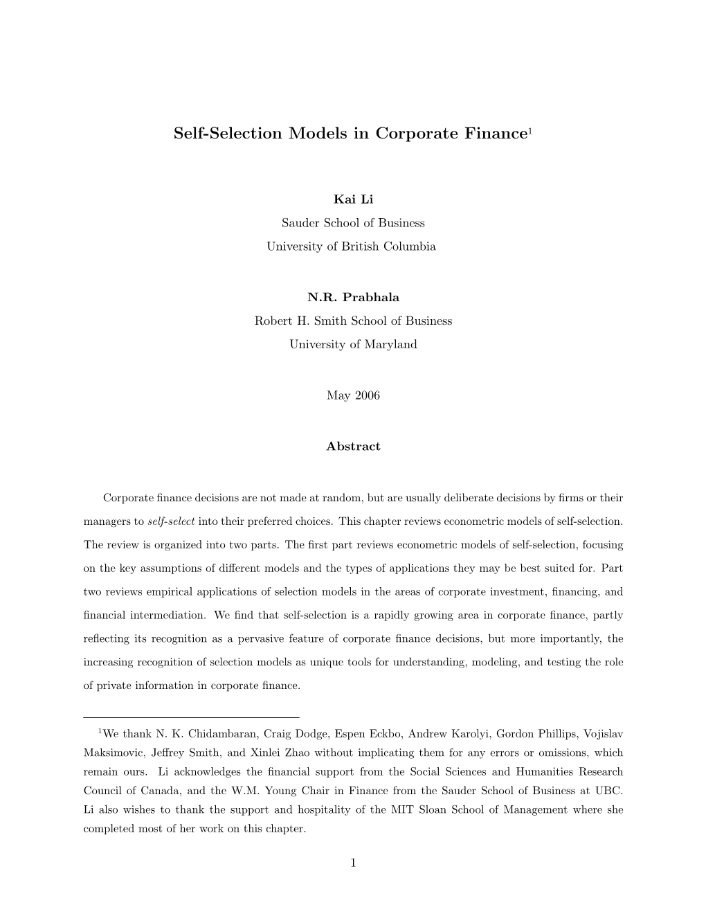 Self-Selection Models in Corporate Finance1