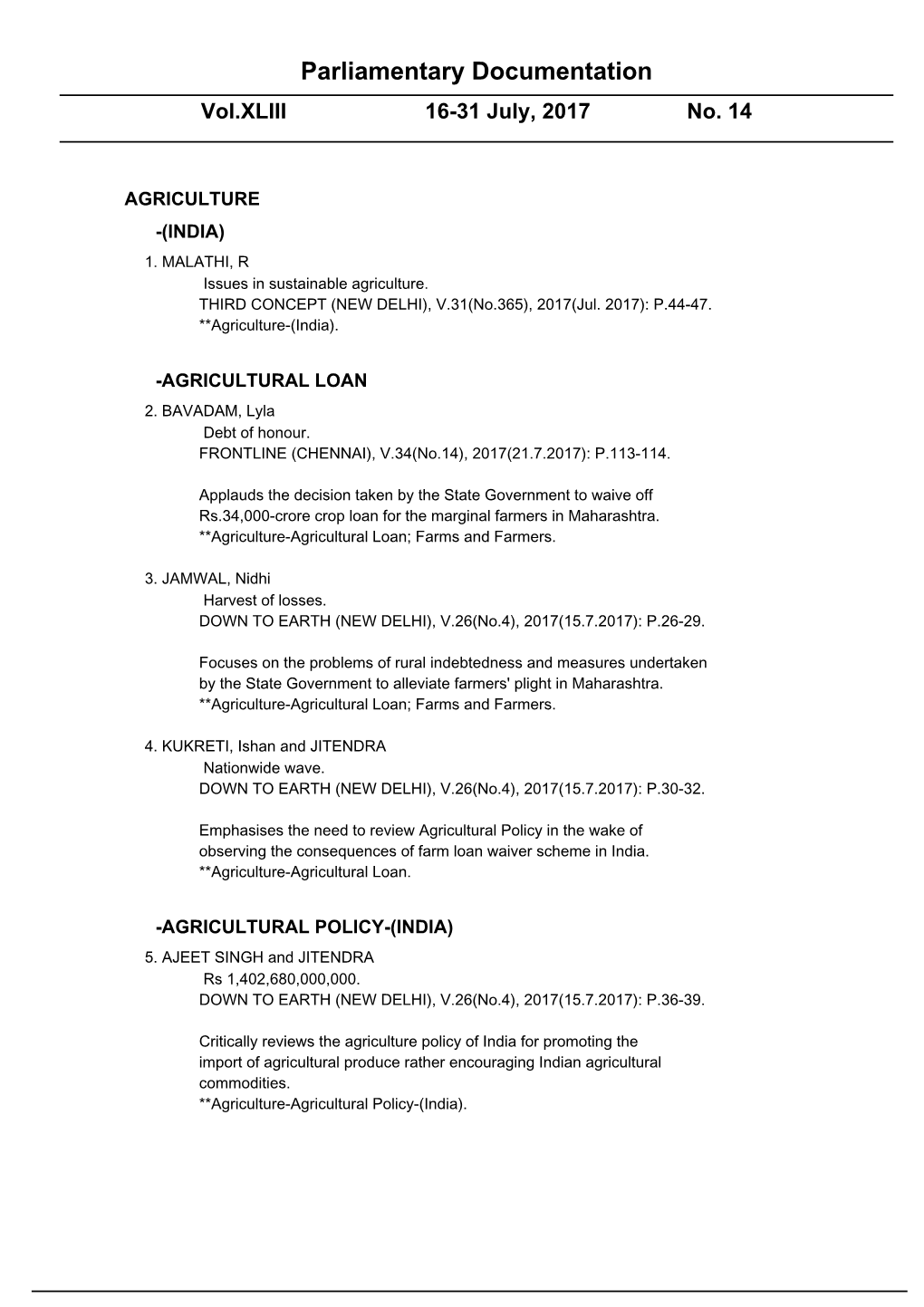 Parliamentary Documentation Vol.XLIII 16-31 July, 2017 No