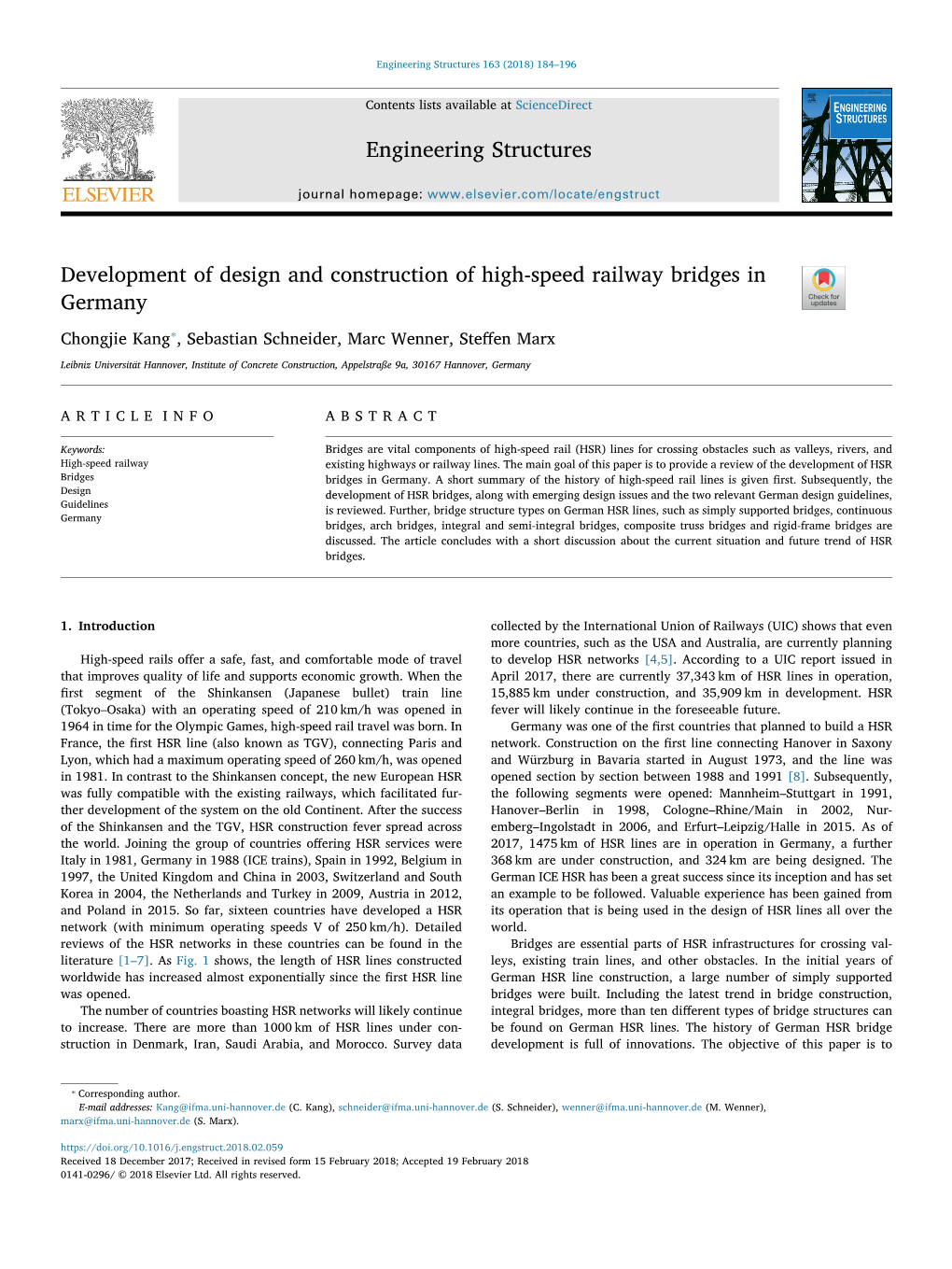 Development of Design and Construction of High-Speed Railway Bridges in T Germany ⁎ Chongjie Kang , Sebastian Schneider, Marc Wenner, Steﬀen Marx