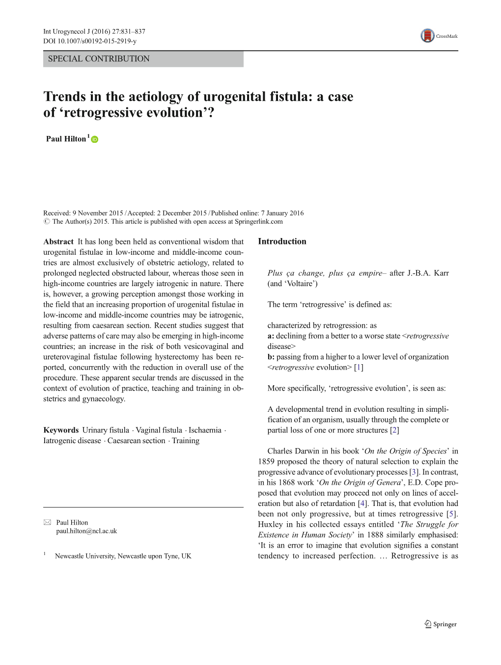 Trends in the Aetiology of Urogenital Fistula: a Case of ‘Retrogressive Evolution’?
