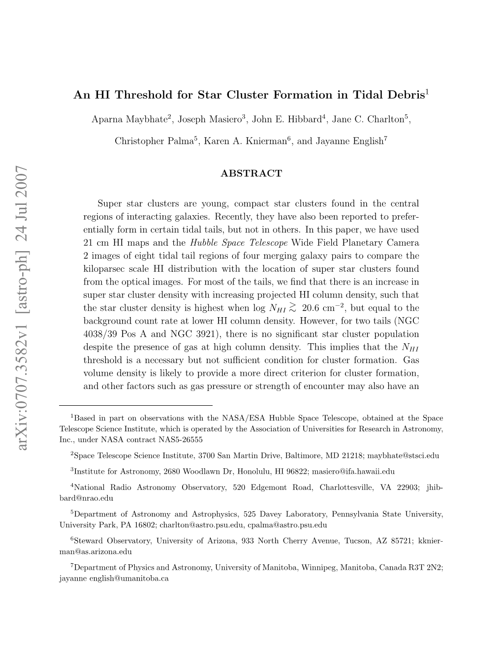 An HI Threshold for Star Cluster Formation in Tidal Debris