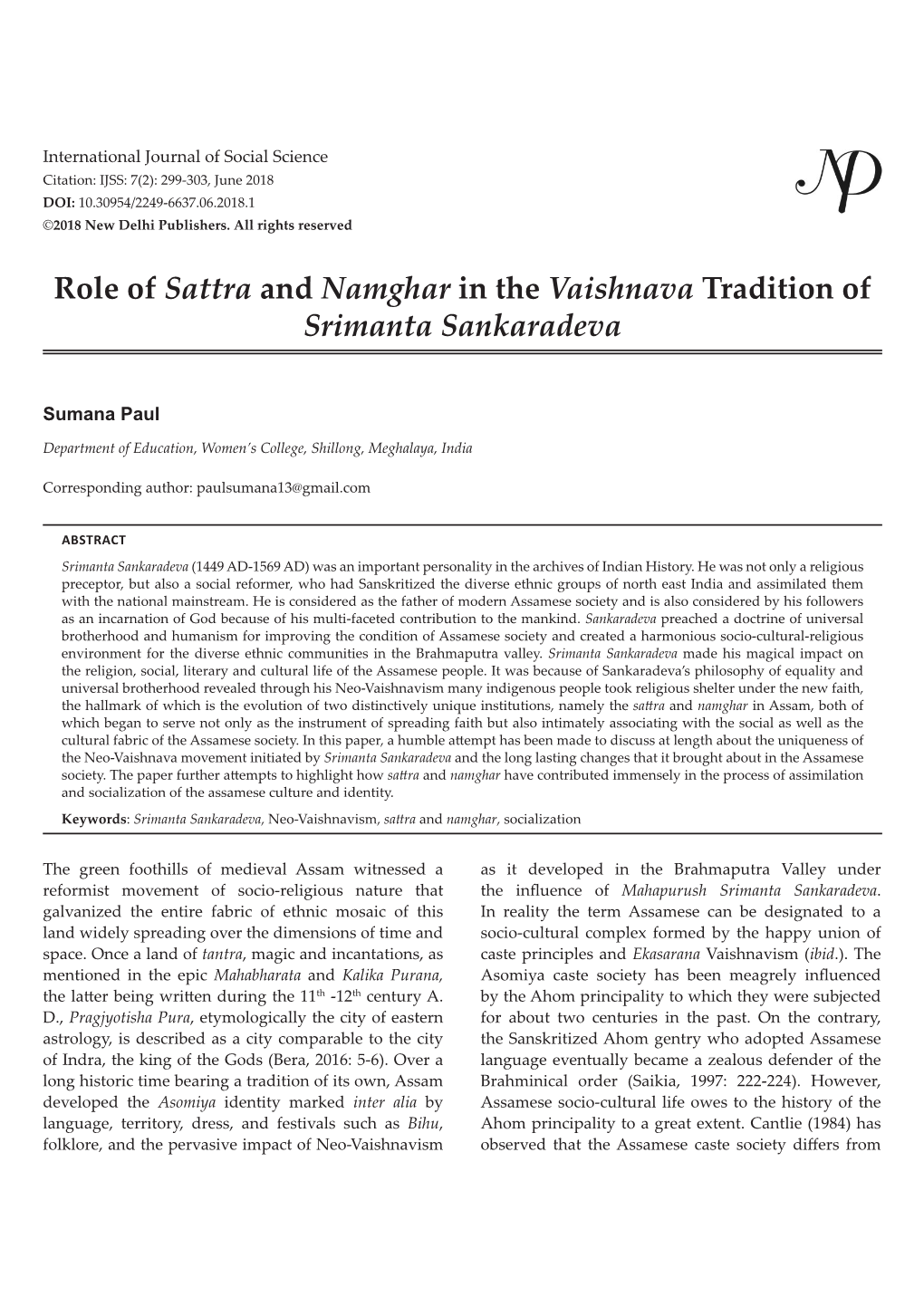Role of Sattra and Namghar in the Vaishnava Tradition of Srimanta Sankaradeva