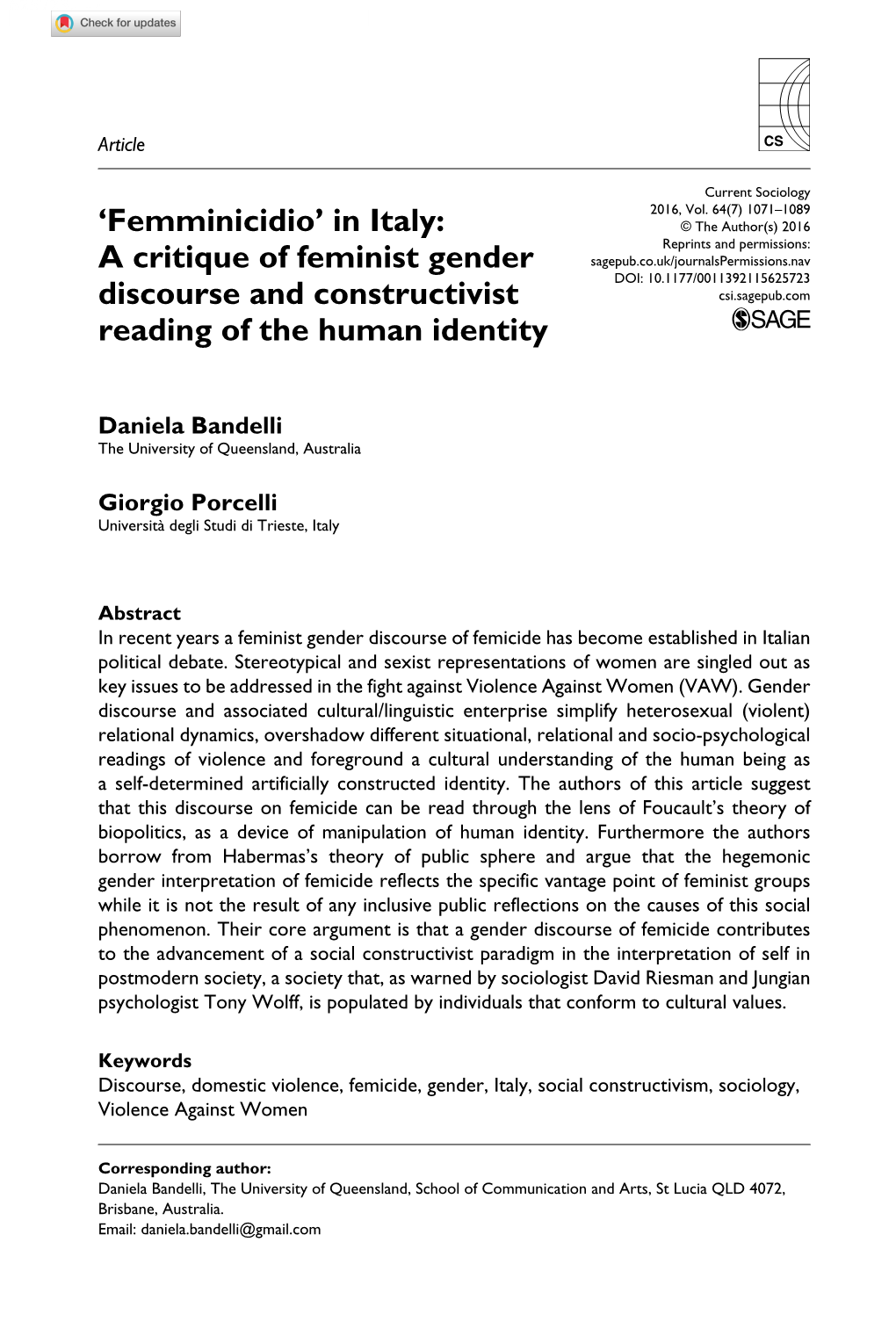 'Femminicidio' in Italy: a Critique of Feminist Gender Discourse And