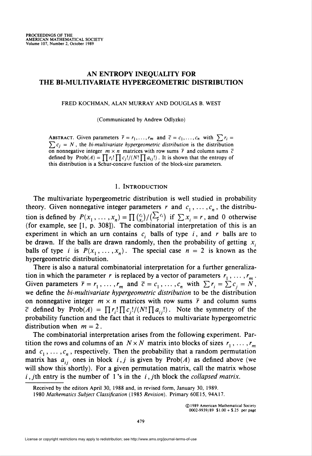 An Entropy Inequality for the Bmviultivariatehypergeometric Distribution