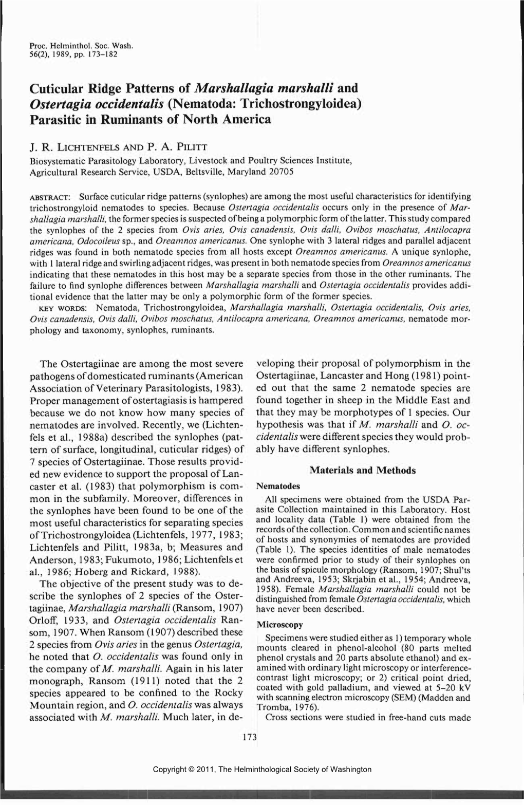 Cuticular Ridge Patterns of Marshallagia Marshalli and Ostertagia Occidentalis (Nematoda: Trichostrongyloidea) Parasitic in Ruminants of North America