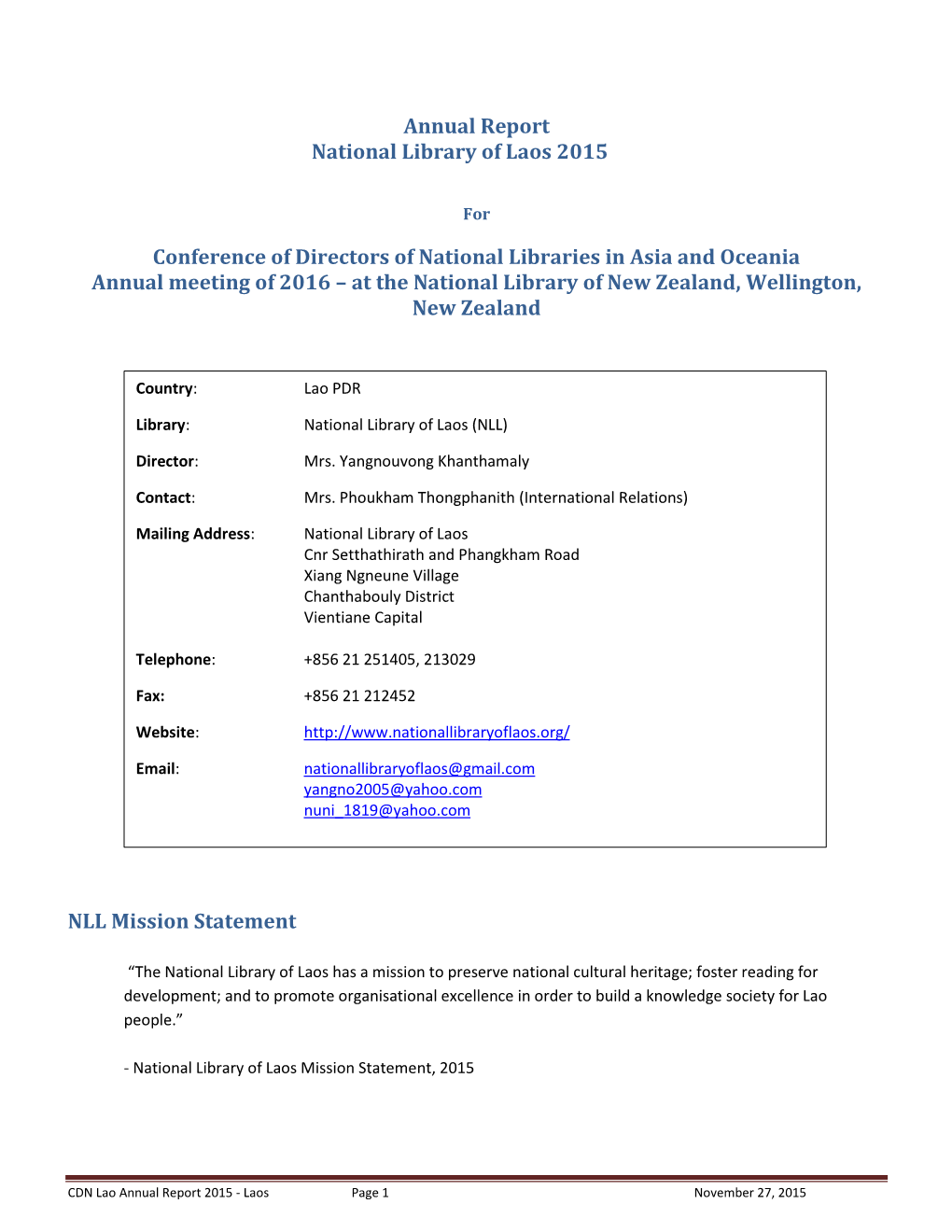 Annual Report National Library of Laos 2015 Conference of Directors