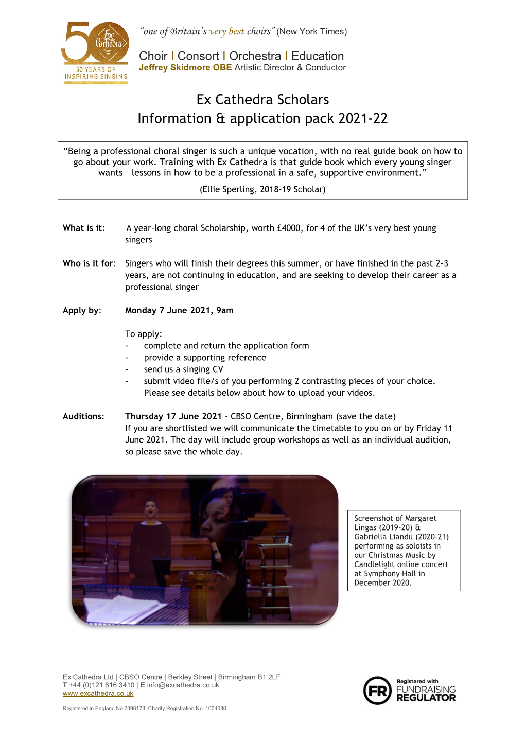 Ex Cathedra Scholars Information & Application Pack 2021-22