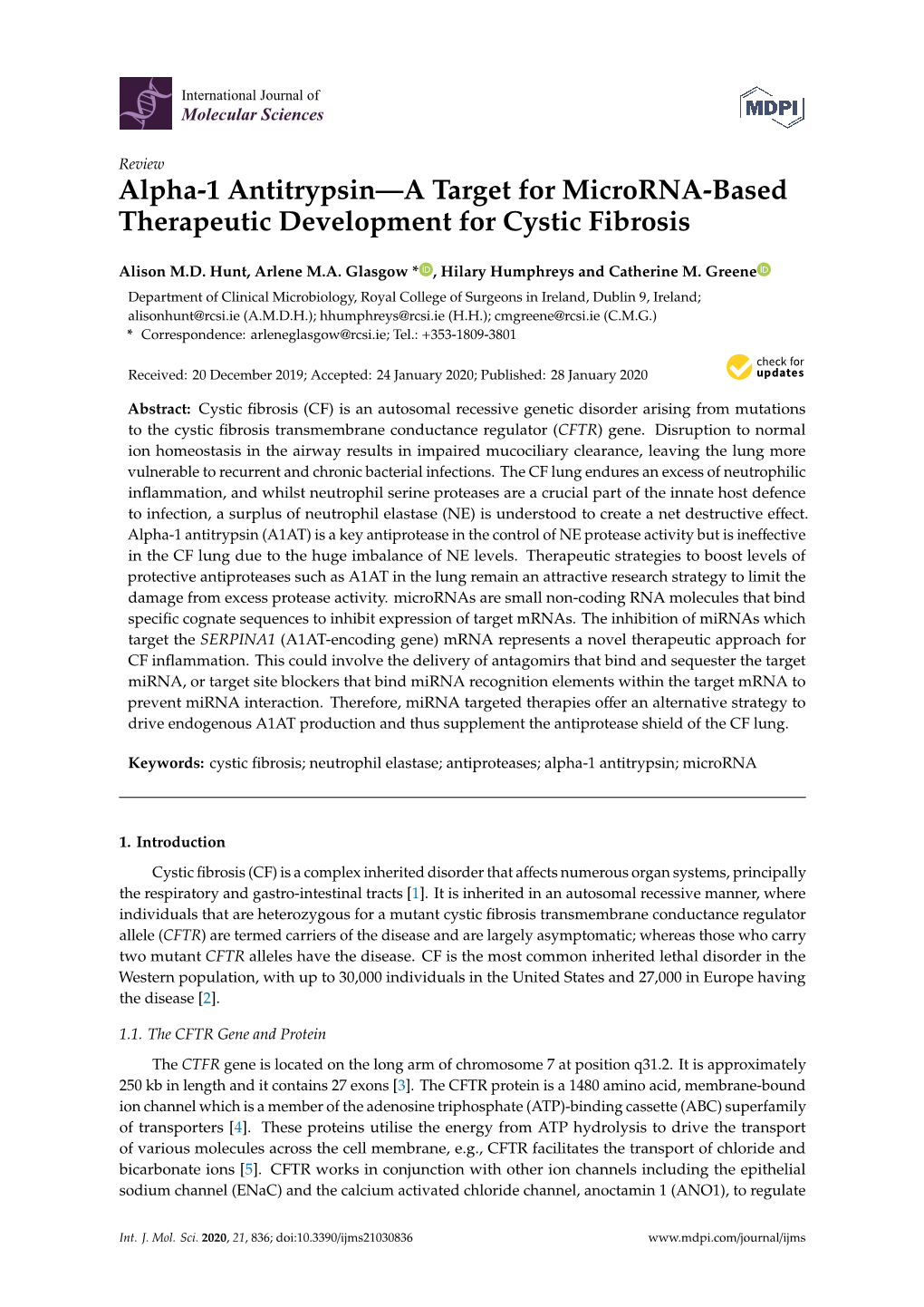 Alpha-1 Antitrypsin—A Target for Microrna-Based Therapeutic Development for Cystic Fibrosis