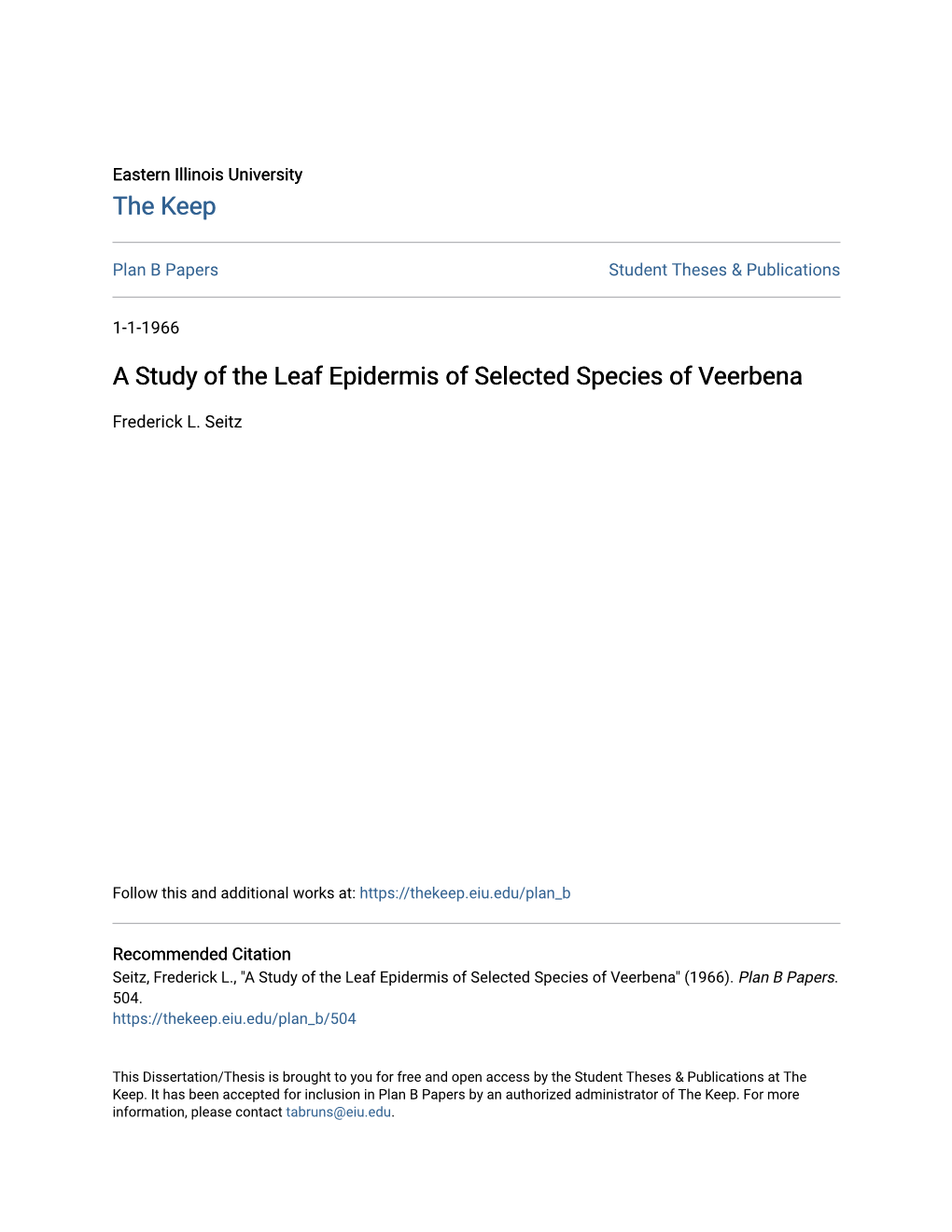 A Study of the Leaf Epidermis of Selected Species of Veerbena