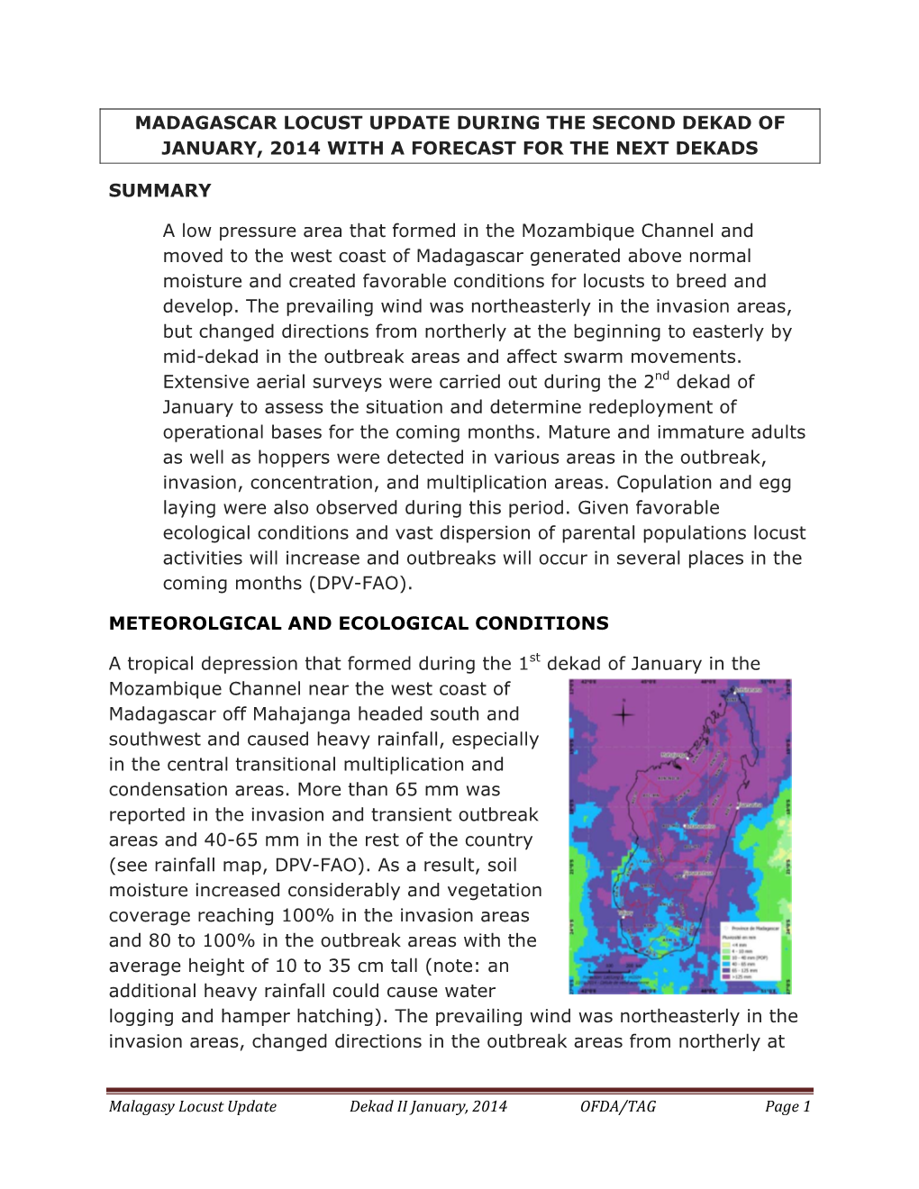 Madagascar Locust Update During the Second Dekad of January, 2014 with a Forecast for the Next Dekads