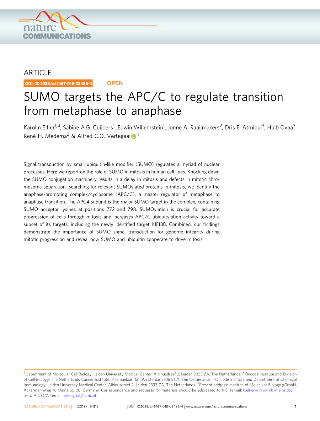 SUMO Targets the APC/C to Regulate Transition from Metaphase to Anaphase