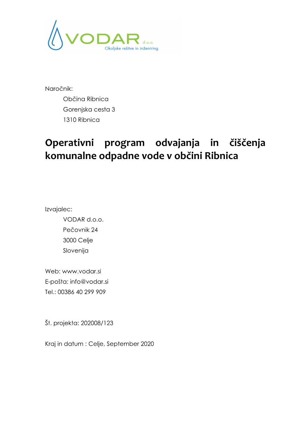 Operativni Program Odvajanja in Čiščenja Komunalne Odpadne Vode V Občini Ribnica