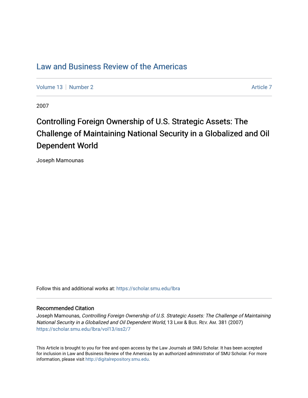 Controlling Foreign Ownership of US Strategic Assets