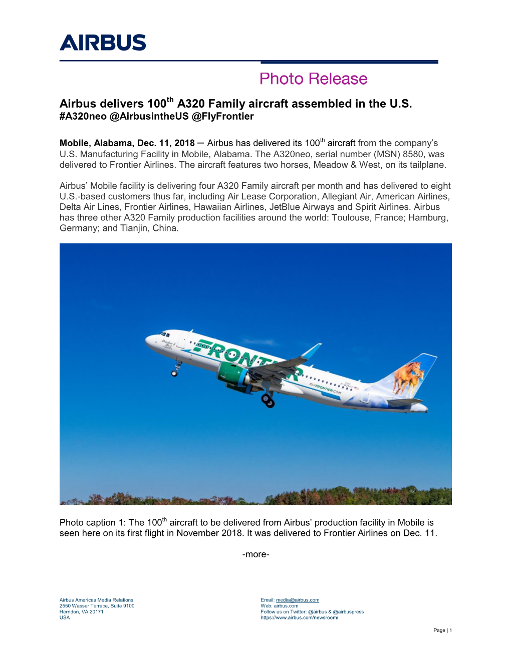 Airbus Delivers 100Th A320 Family Aircraft Assembled in the U.S. #A320neo @Airbusintheus @Flyfrontier