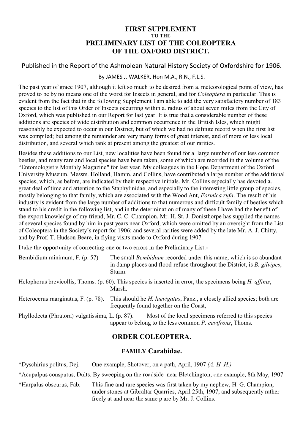 First Supplement Preliminary List of the Coleoptera Of