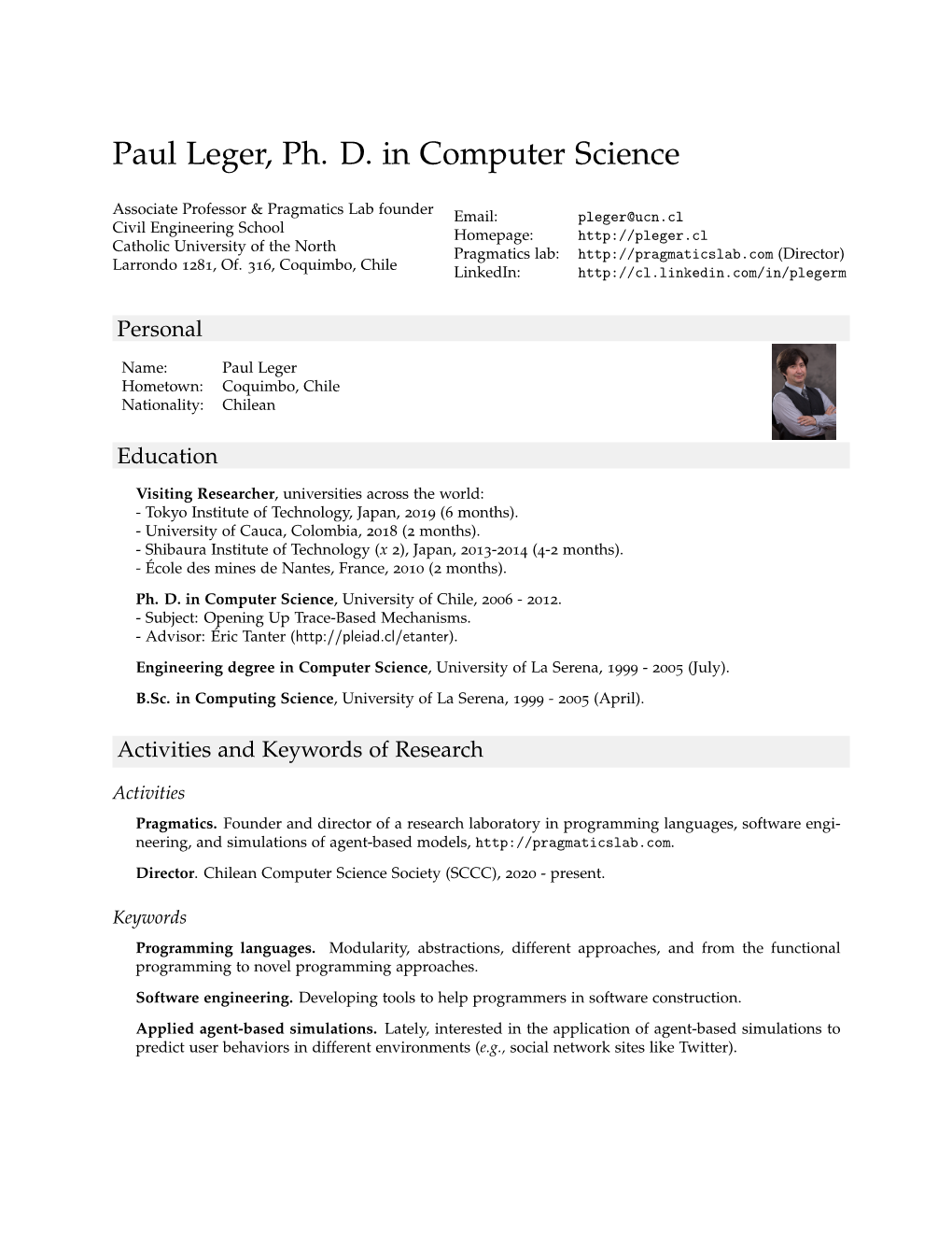 Paul Leger, Ph. D. in Computer Science: Curriculum Vitae