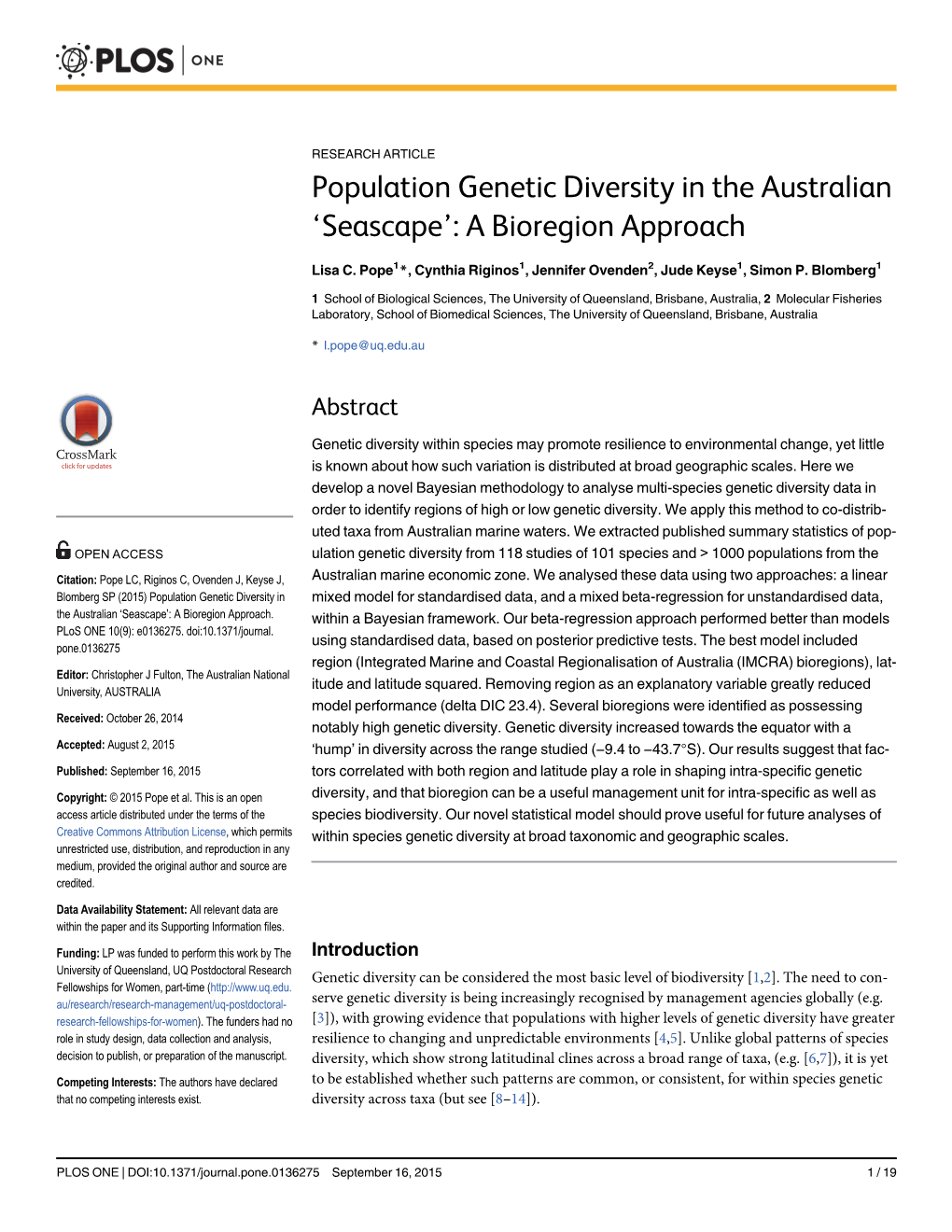 Population Genetic Diversity in the Australian ‘Seascape’: a Bioregion Approach