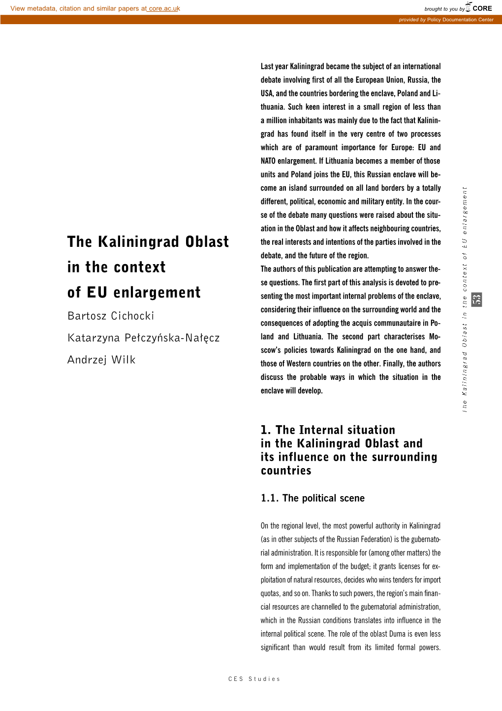 The Kaliningrad Oblast in the Context of EU Enlargement